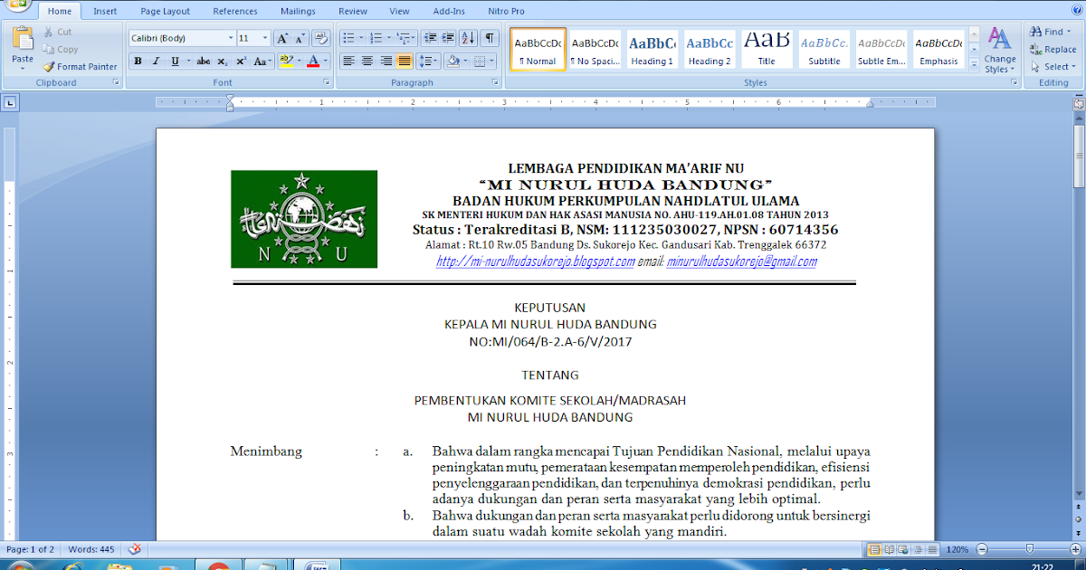 Contoh SK Komite Sekolah terbaru 2017 ~ MI NURUL HUDA BANDUNG