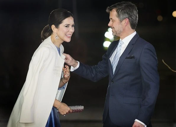 Crown Princess Mary wore Cecilie Bahnsen satin dress and RUPERT SANDERSON Pinka embellished-pebble satin pumps