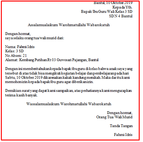 Contoh Surat Izin Sakit Sekolah Singkat Bahasa Inggris