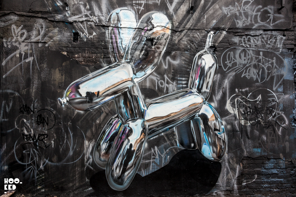 3D Chrome Balloon graffiti Dog by street artist Fanakapan painted in London Brick Lane Street Art Mural by artist Fanakapan. Photo ©Hookedblog / Mark RIgney
