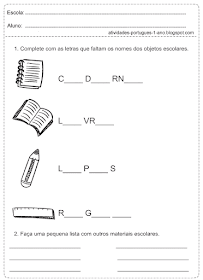 Complete com as letra que faltam os nomes dos objetos