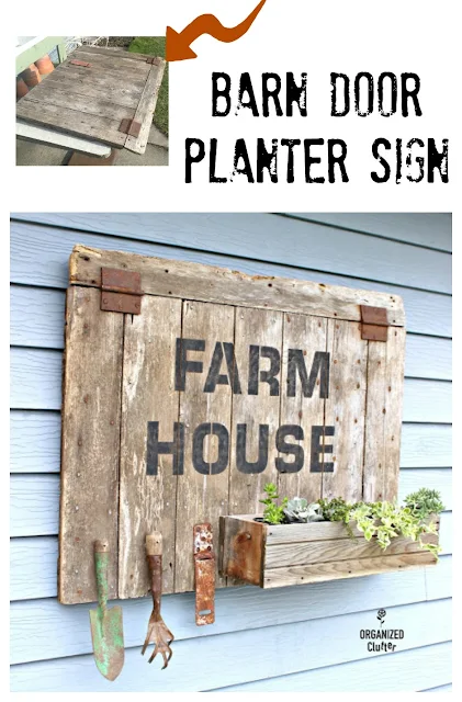DIY Barn Door Sign/Planter Box  #stencil #barnwood #oldsignstencils #farmhouse #junkgarden #gardenjunk