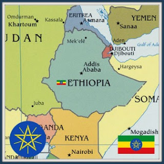 Ethiopian flag on the map of Ethiopia