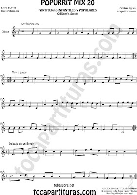 Partitura de Oboe Popurrí Mix 20 Partituras de Antón Pirulero, Voy a Jugar, Debajo de un Botón Infantil Sheet Music for Oboe Music Score