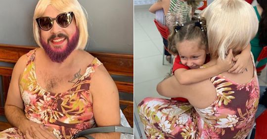 Pai viúvo se veste como mãe para participar de homenagem da filha na escola Pai viúvo se veste como mãe para participar de homenagem da filha na escola