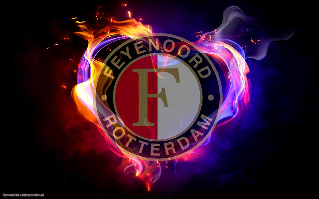 Mooie zwarte Feyenoord achtergrond met logo en vuur er omheen Feyenoord achtergrond met logo