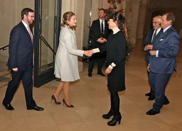 Princess Stephanie wore Prada Suede pumps, Stephanie wore Prada Coat, Prada clutch bag, Dior pearl earrings