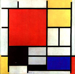 Mondrian composizione con piano rosso grande, giallo, nero, grigio e blu