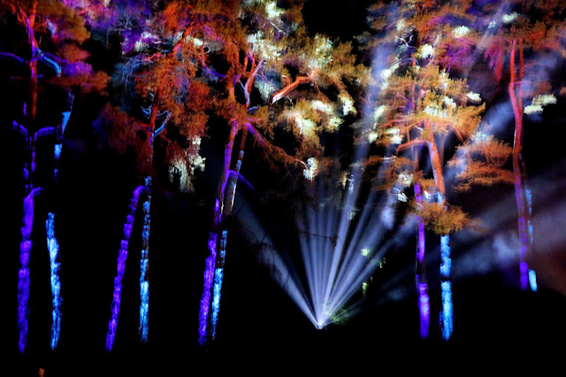 A light show, with streams of light coming up from the ground in a fan shape. 