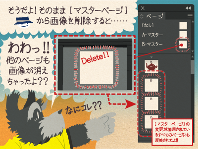 チップくん「そうだよ！そのまま［マスターページ］から画像を削除すると……」ジミー「わわっ!! 他のページも画像が消えちゃったよ??」