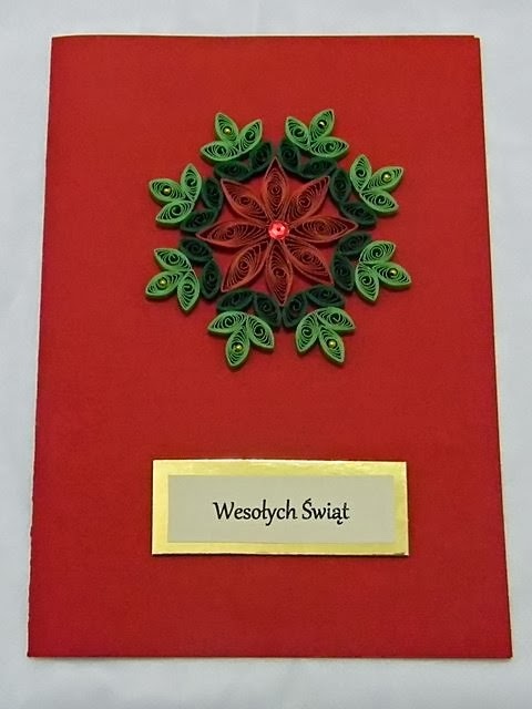 zielono-czerwona gwiazdka ozdoby, quilling, Boże Narodzenie, kartka świąteczna