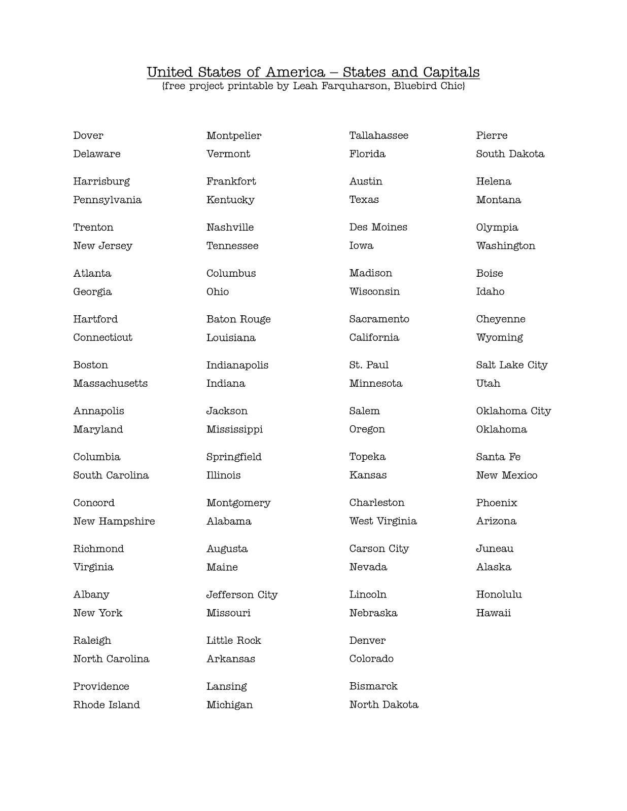 Printable List Of State Capitals Only