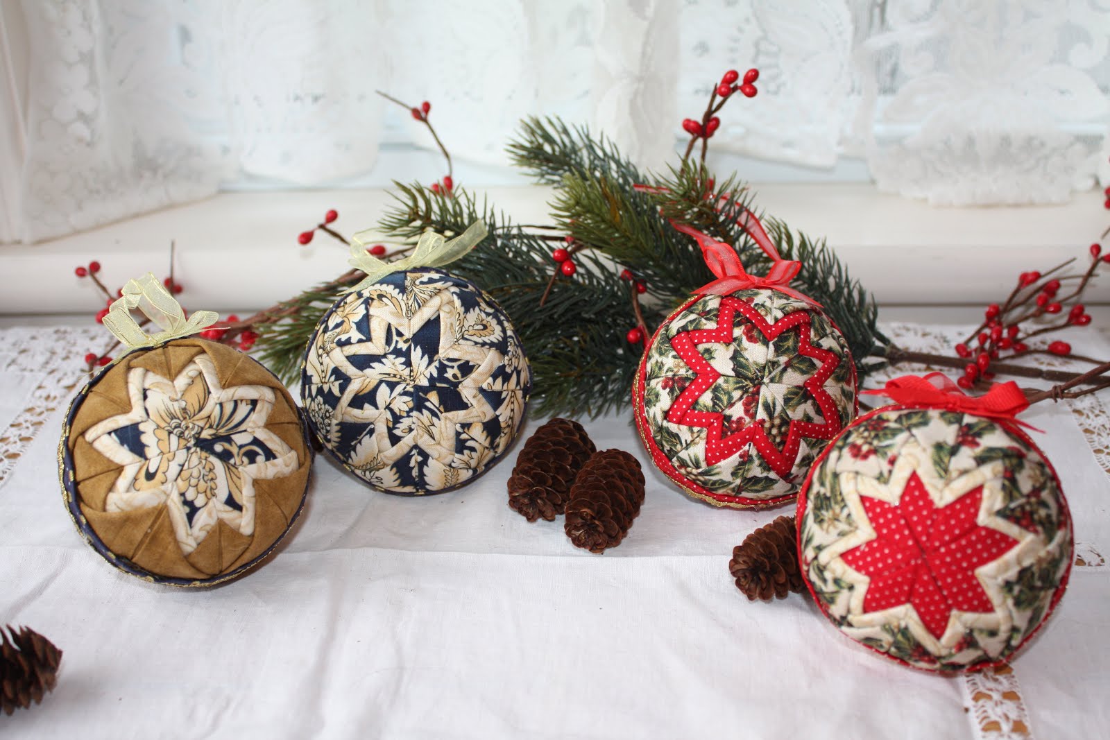 thimbles bobbins paper and ink quilted fabric ornaments quilting christmas fabric