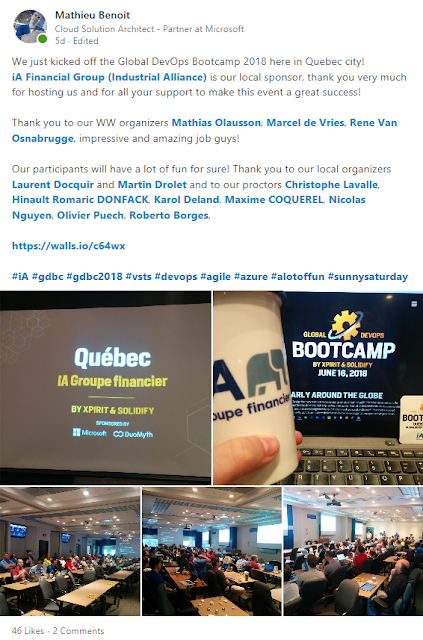 Screenshot of my post on LinkedIn as we were kicking off that event here in Quebec city.