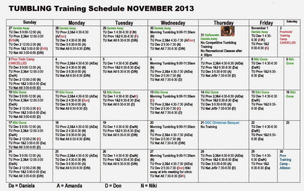 OAKVILLE GYMNASTICS CLUB TUMBLING PROGRAM: November Tumbling Schedule OAKVILLE GYMNASTICS CLUB TUMBLING PROGRAM: November Tumbling Schedule