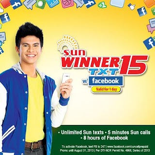 Sun WINNER Text 15 promo gives you unlimited texts with calls and free Facebook Sun WINNER Text 15 promo gives you unlimited texts with calls and free Facebook