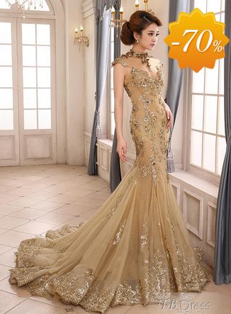 Vintage High-Neck Mermaid Appliques Backless Lace-up Long Evening Dress