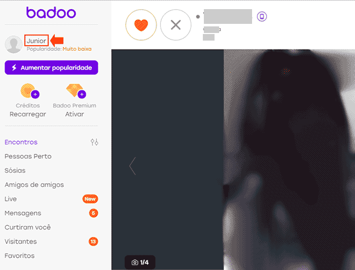 Acessando perfil do Badoo para mudar informações