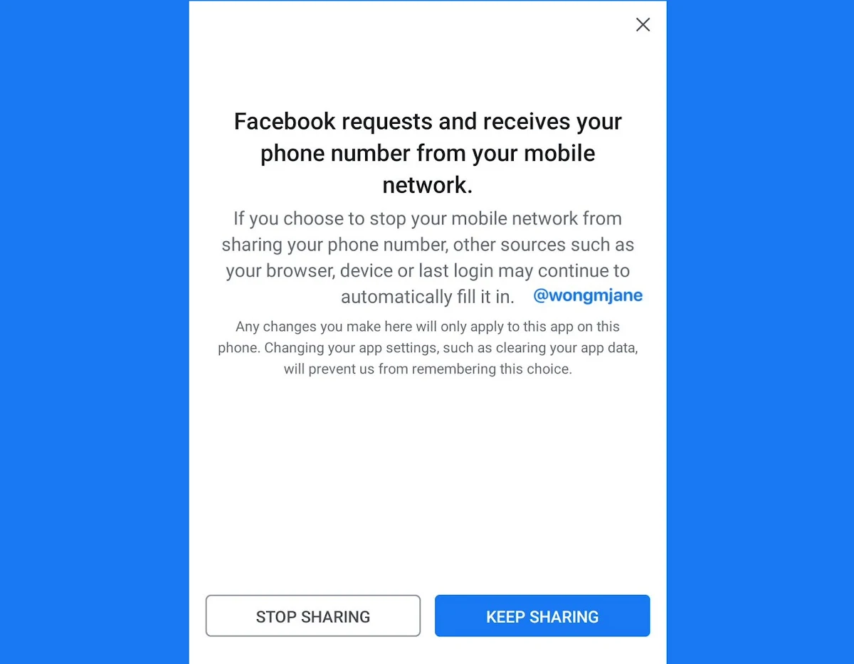 Facebook added this screen for whether to keep sharing user's phone number from mobile network to Facebook