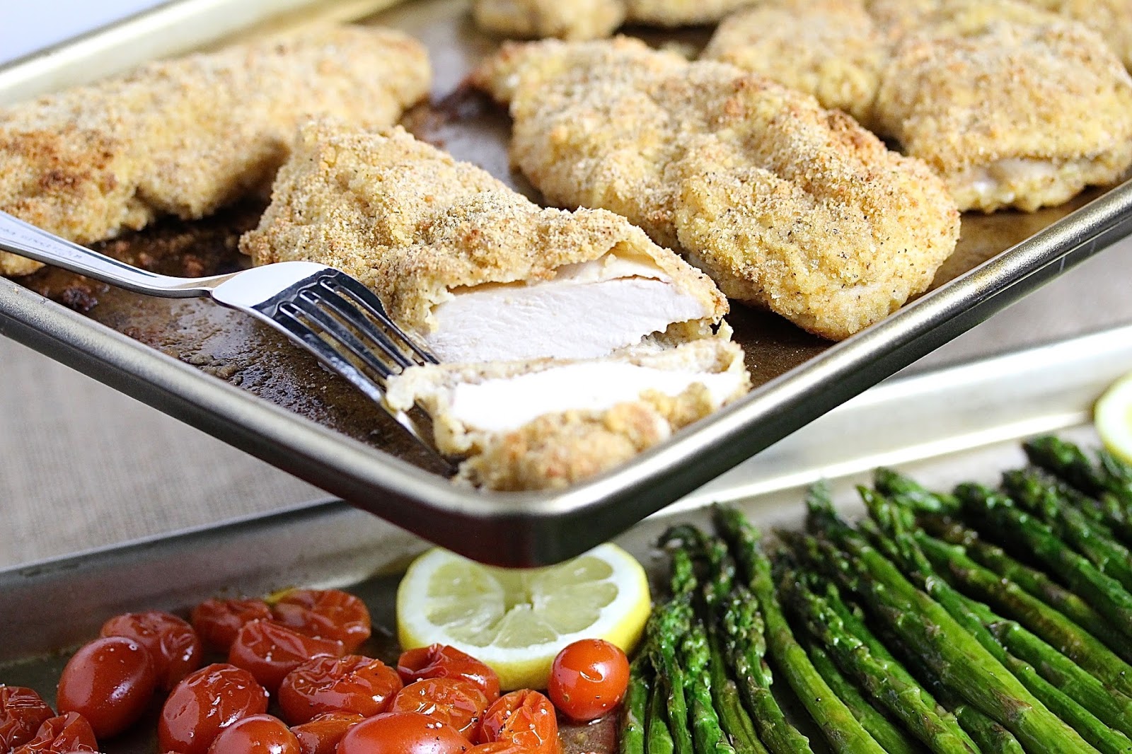 SHEET PAN PARMESAN CHICKEN WITH ASPARAGUS AND TOMATOES In Good Flavor