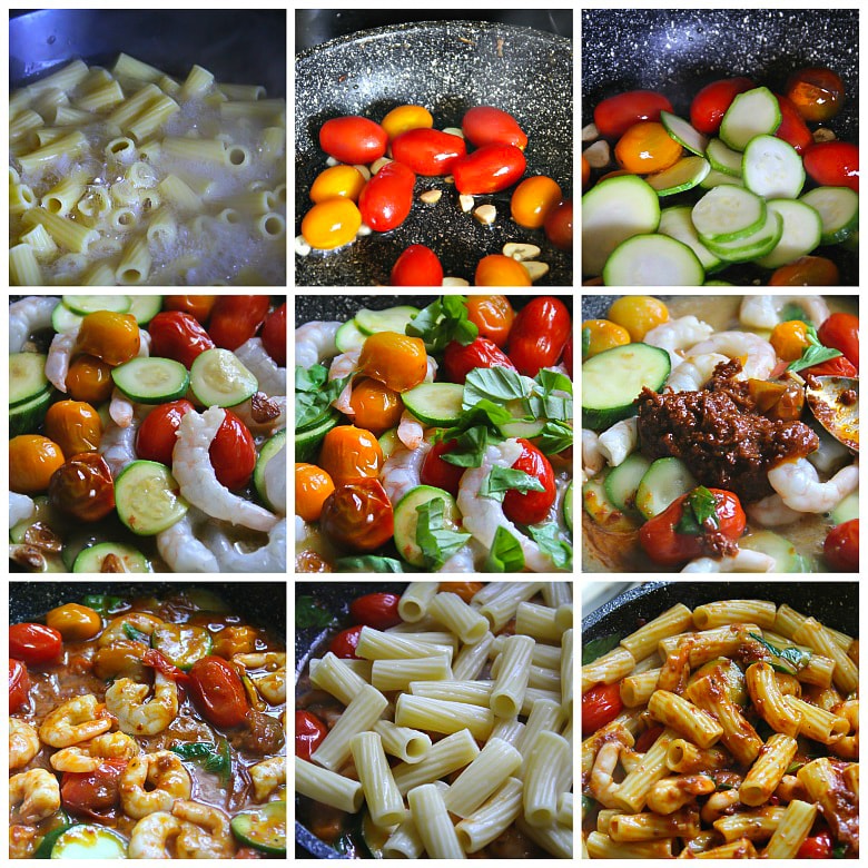 Tomato Pesto Pasta with Shrimps and Zucchini Tomato Pesto Pasta with Shrimps and Zucchini