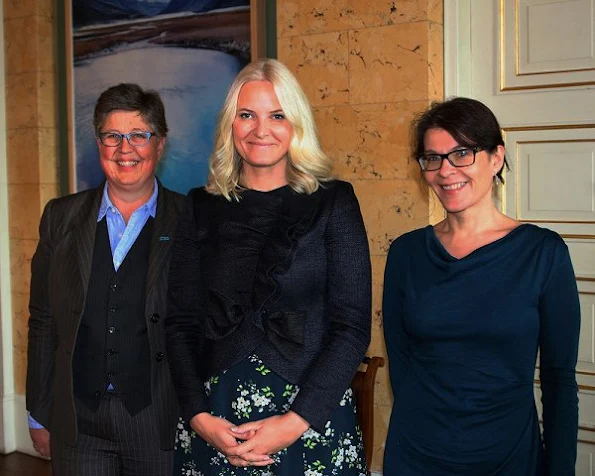 Crown Princess Mette-Marit wore Valentino Ruffle trimmed wool and silk blend jacket and BYTIMO Autumn 50's Dress