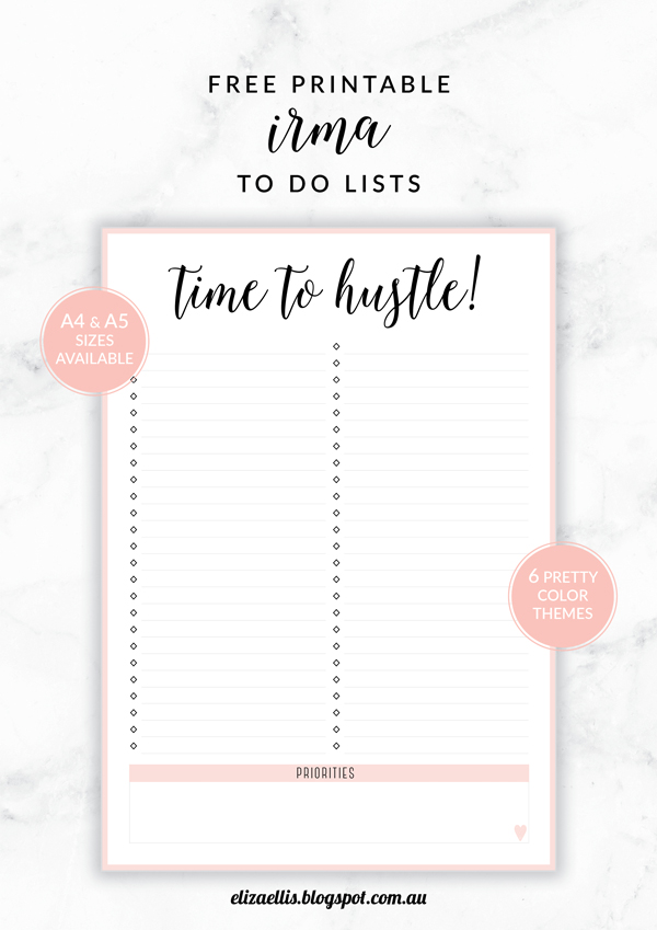 Free Printable Irma To Do Lists // Eliza Ellis. Available in 3 Designs, 6 Colors and in both A4 and A5 sizes.