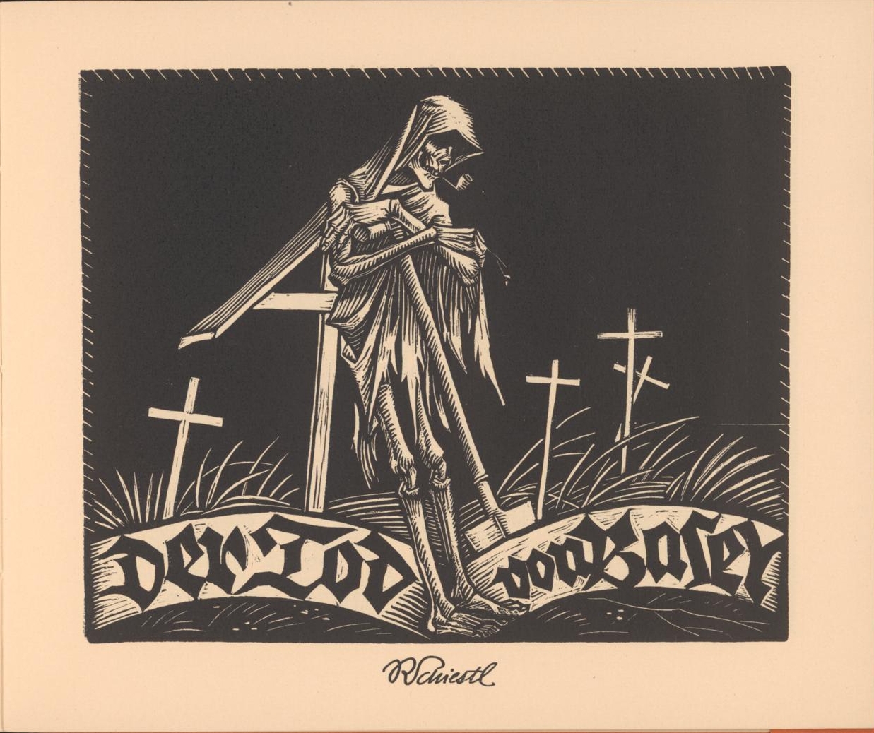 woodcut of danse macabre gravedigger in cemetery