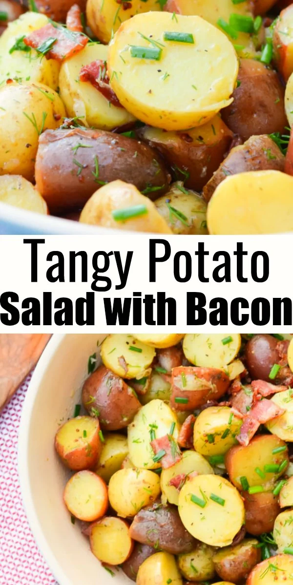 Tangy Warm Potato Salad Recipe with Bacon and fresh herbs is a favorite delicious Potato Salad Recipe. It makes a delicious side dish for barbecues and potlucks from Serena Bakes Simply From Scratch.