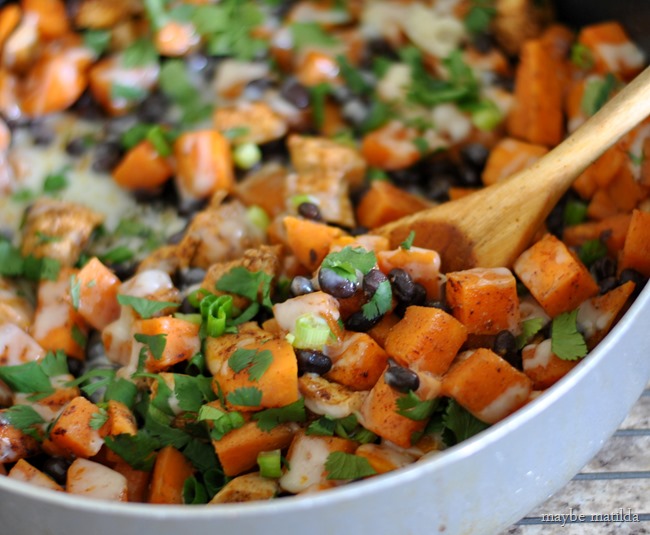 sweet potato, chicken, black bean taco skillet