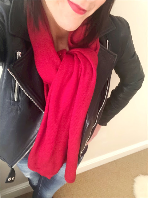 My Midlife Fashion, Massimo Dutti Leather biker jacket, zara distressed skinny jeans, office lucky charm boots, mimi and thomas cashmere wrap with buttons, boden relaxed fit cashmere jumper