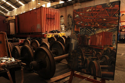 plein air oil painting of heritage carriage inside the Large Erecting Shop, Eveleigh Railway Workshops by industrial heritage artist Jane Bennett