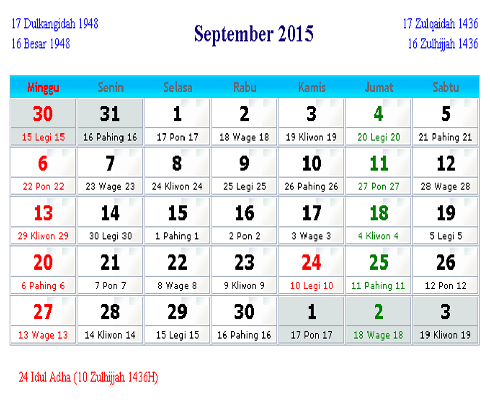 Kalender Indonesia September 2015  Kalender Indonesia 2017