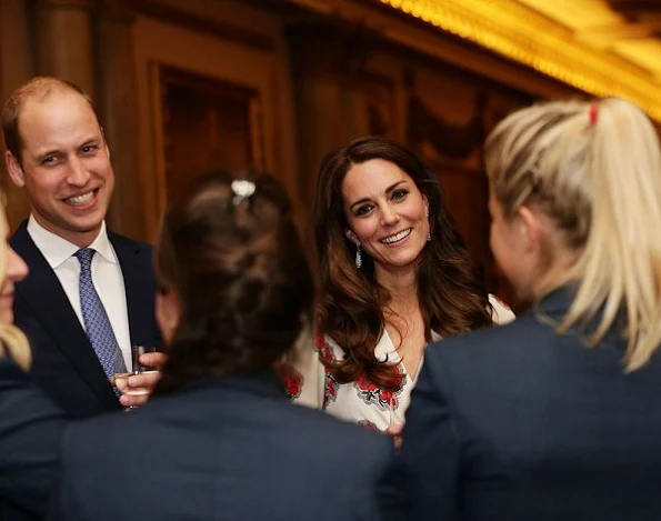 Queen Elizabeth, Prince William, Catherine, Duchess of Cambridge, Prince Harry, Princess Anne and Prince Edward. Kate Middleton wore Alexander McQueen Silk Floral Midi Dress 