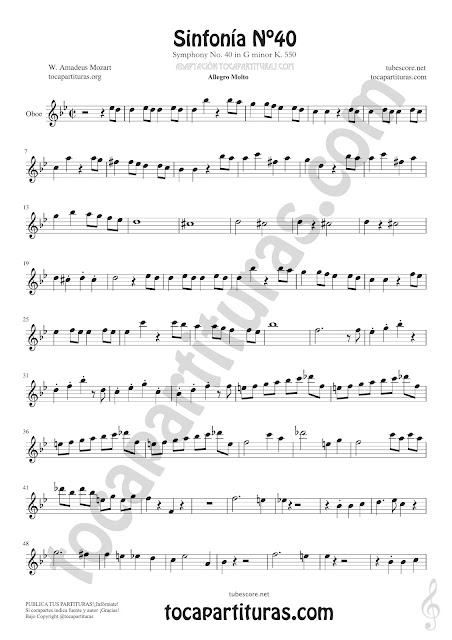  Symphony Nº40 de Mozart Sheet Music for Oboe Tabs Music Scores 
