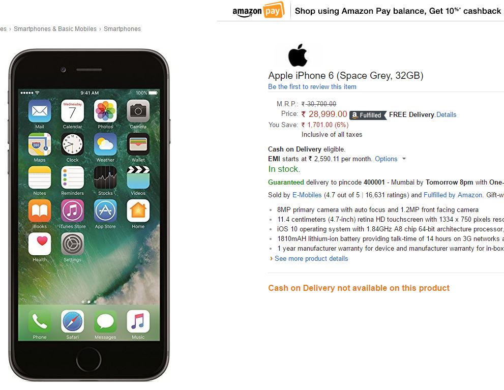 Apple iPhone 6 32GB For Rs 28,999 on Amazon India Apple iPhone 6 (32GB) Space Grey colour option selling at Rs 28,999 on Amazon