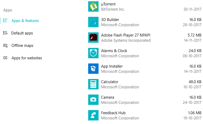 Apps & features Windows 10