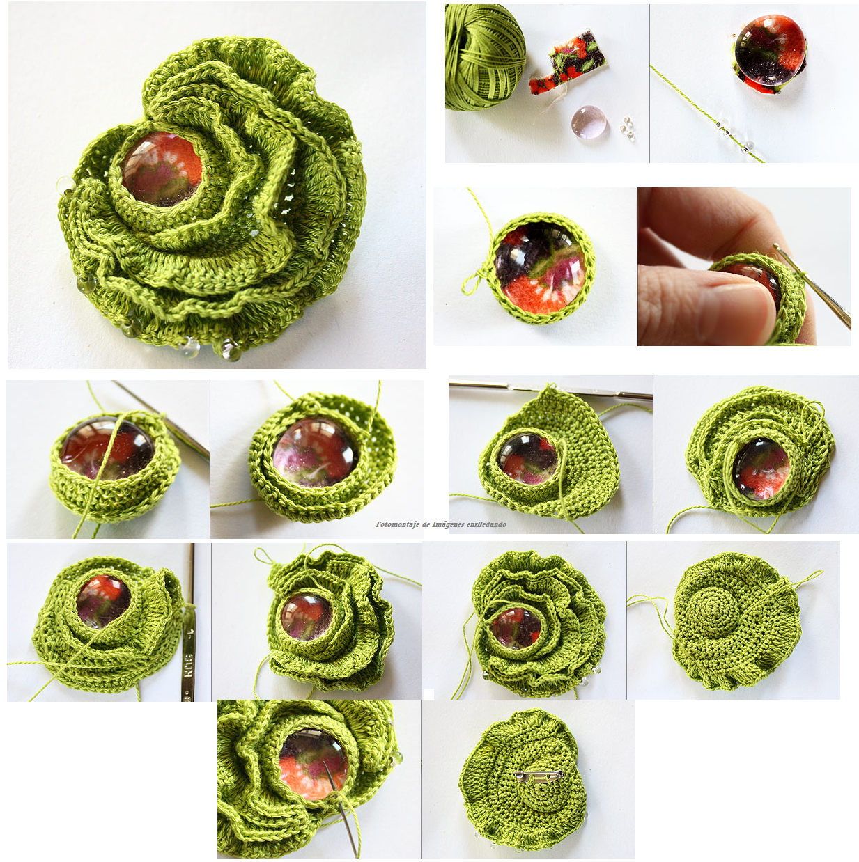 Como hacer Broche Flor de Crochet con Perla