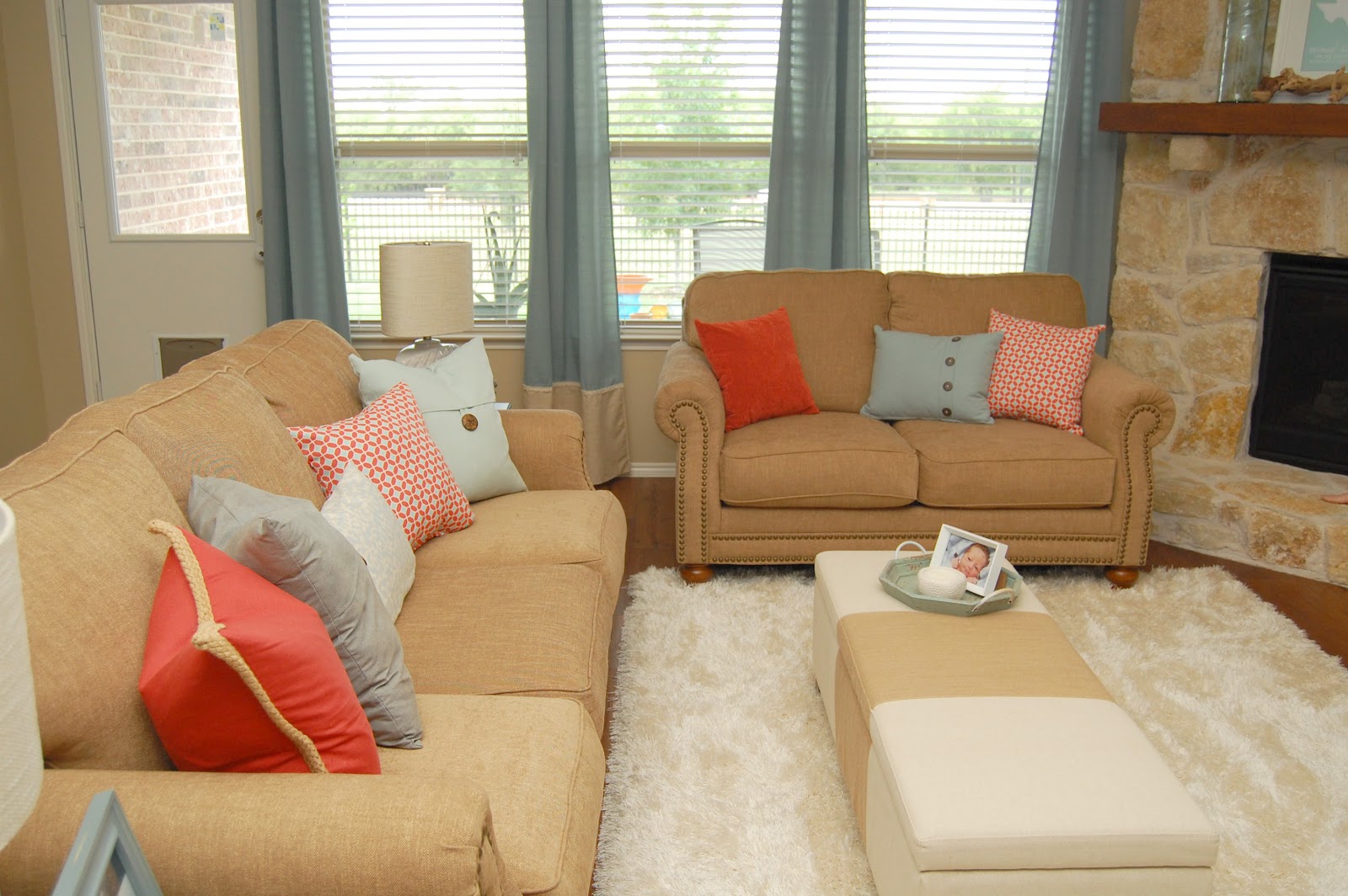 Style with Wisdom Coral and Blue Living Room