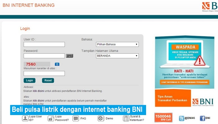 Beli pulsa listrik via internet banking BNI