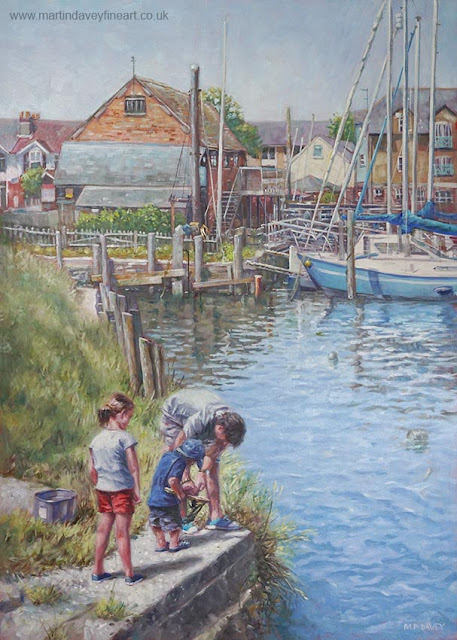 fishing at eling Tide mill southampton oil painting M P Davey landscape eling marina family fishing art