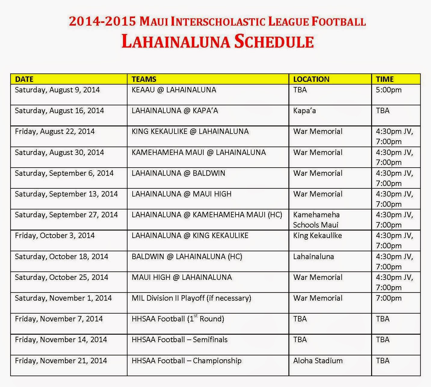 Lahainaluna Sports Shooter: LAHAINALUNA FOOTBALL SCHEDULE 2014 - July 1