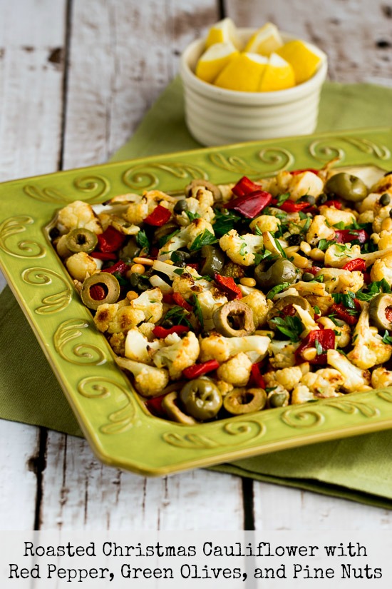 Roasted Christmas Cauliflower with Red Bell Pepper, Green Olives, and Pine Nuts