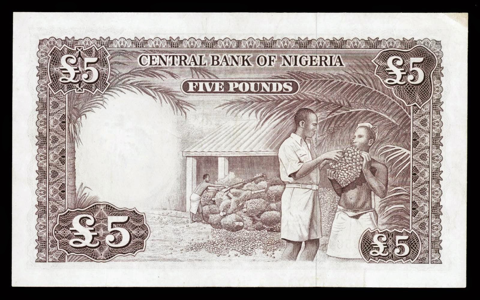 Nigeria paper money 5 Pounds banknote 1958