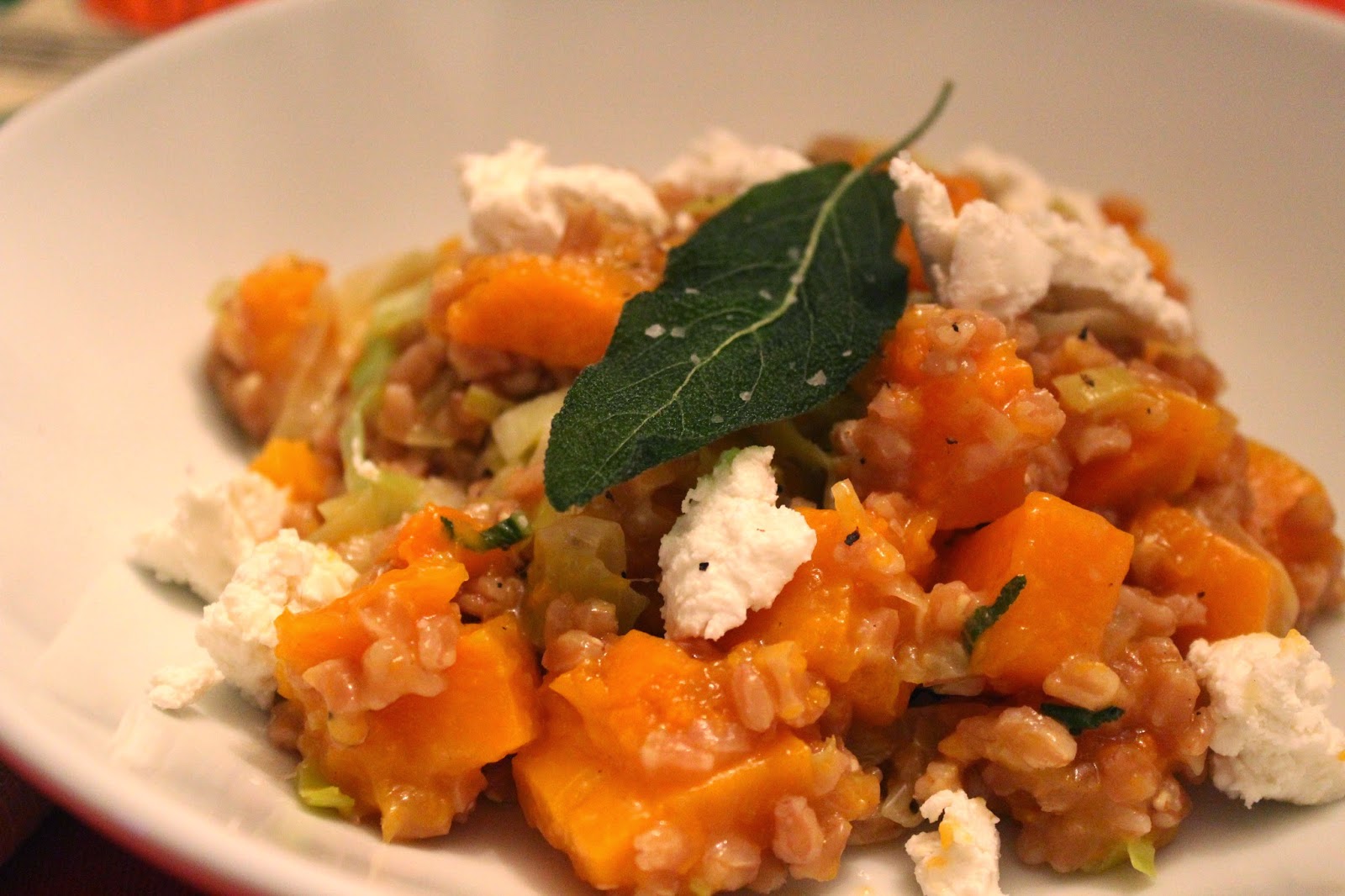 Farro risotto with butternut squash, sage, and goat cheese