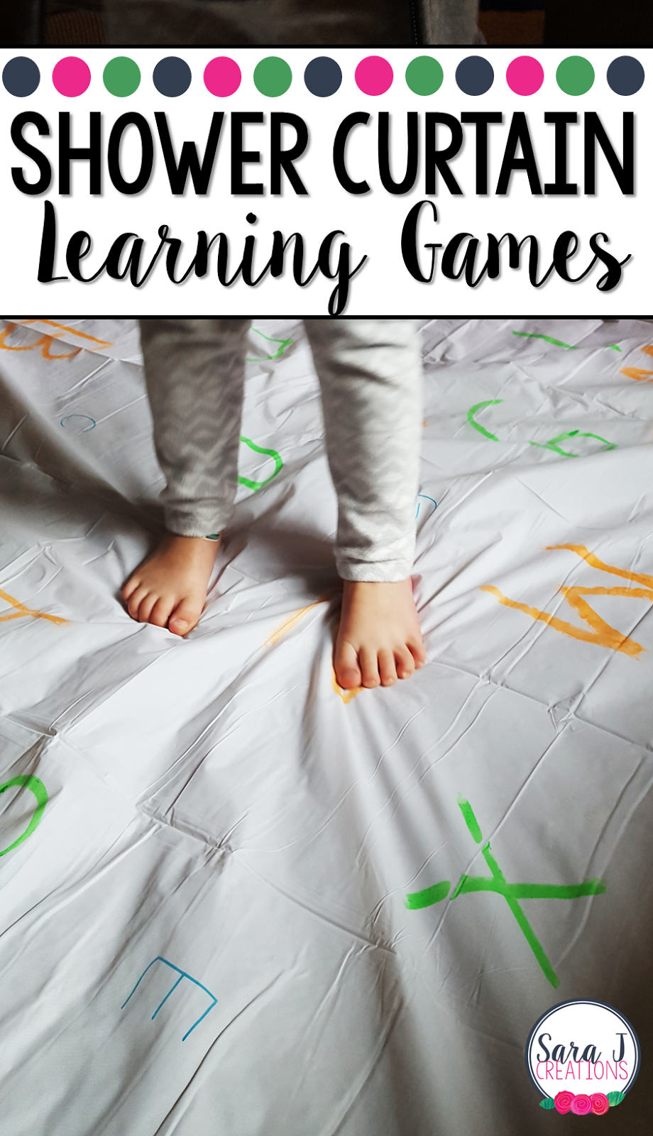 Create learning games on giant shower curtains with these easy directions and ideas. Perfect for ABCs, numbers, sight words, math problems and more.