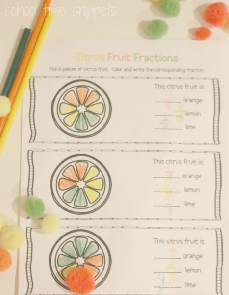 Citrus Fruit Fractions Printable for child just learning fractions or needs a little bit of reinforcement