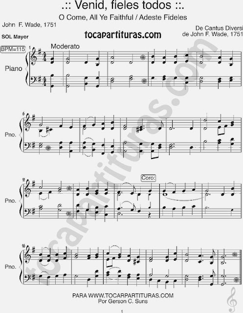  Partitura de Adeste Fideles para Piano en la tonalidad de Sol Mayor (con sol sostenido) Piano Sheet Music for Christmas Song - Canción de Navidad