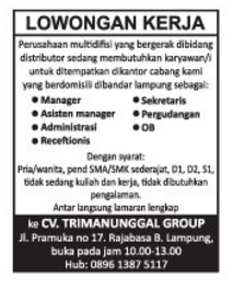 Karir Kerja di Lampung CV. TRIMANUNGGAL GROUP - Lowongan 