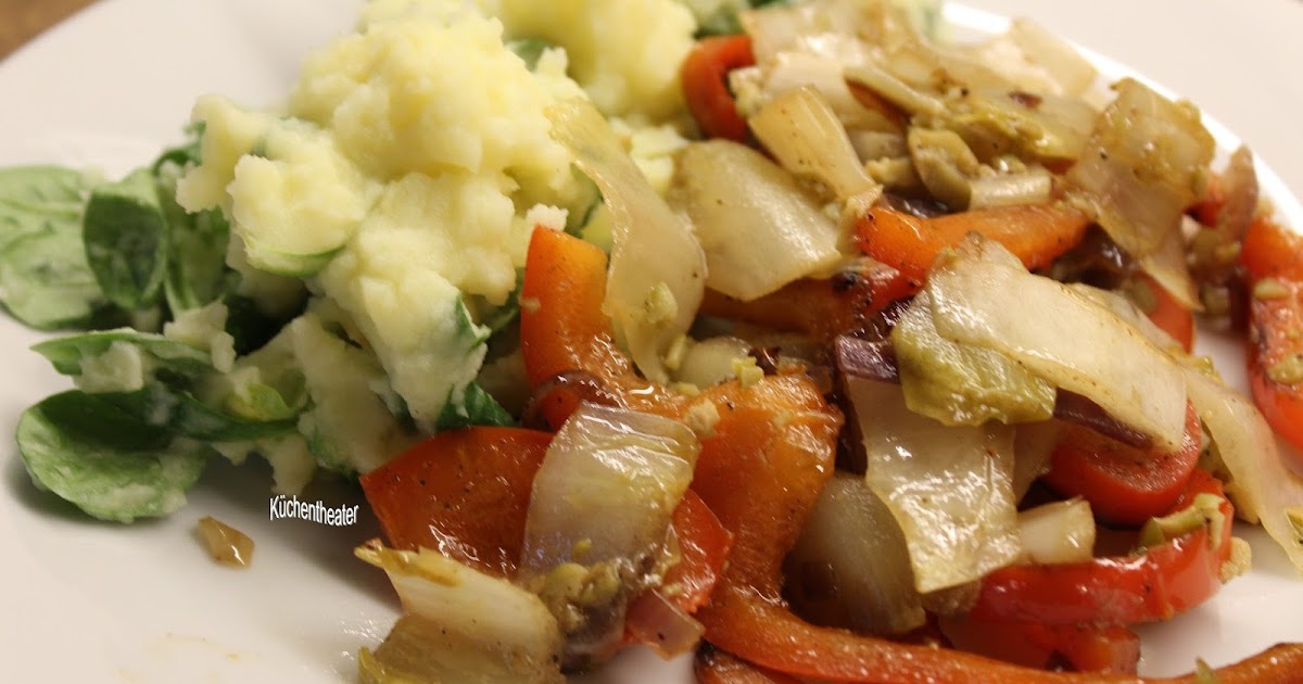 Küchentheater: Chicorée-Paprika-Gemüse mit Kartoffelpüree